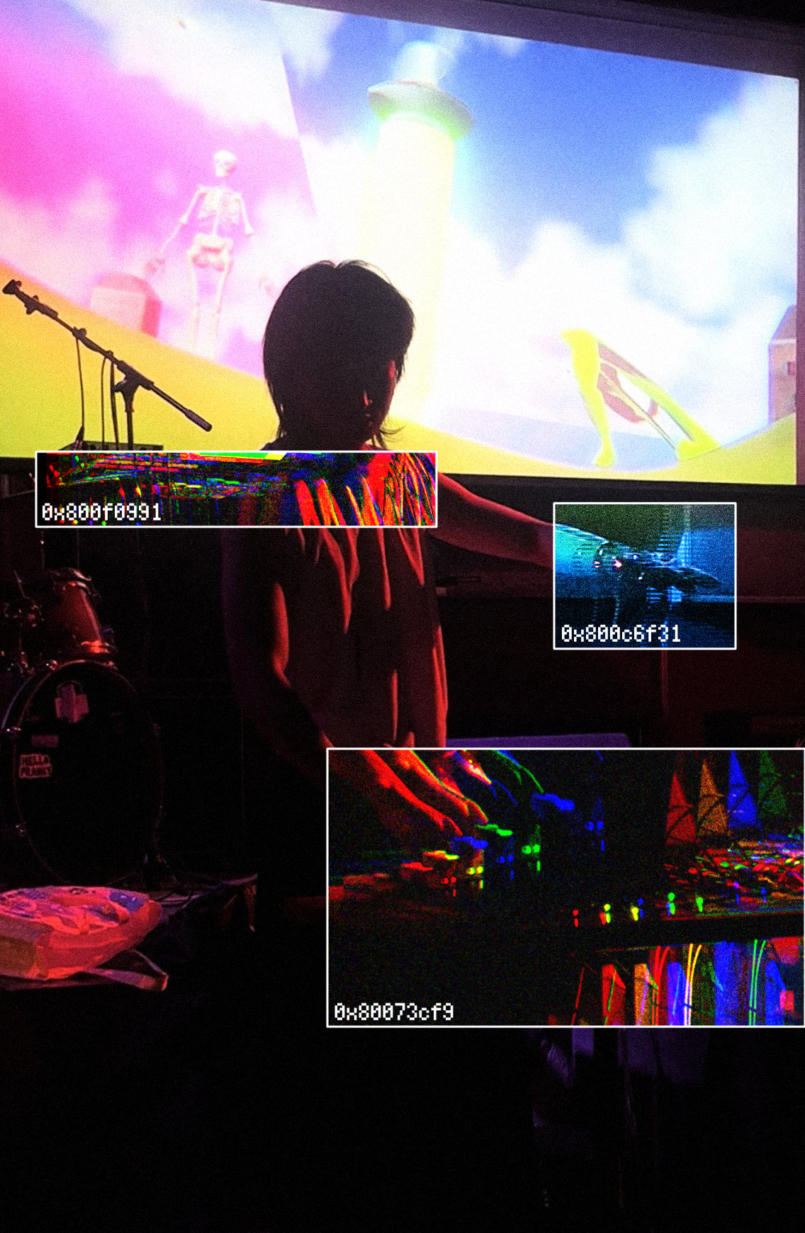 Lingyuan Yang performing in front of projected imagery